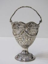 GEORGE III SILVER SWING HANDLED SUGAR BASKET, pierced and embossed swag decoration, London