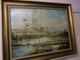 JOHN NORRIS signed oil on canvas dated 1981, "Ducks in Flight", 45cm x 60cm