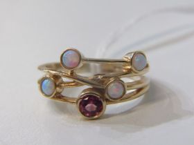 9ct YELLOW GOLD OPAL & PINK TOPAZ BUBBLES STYLE RING, size N