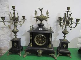 VICTORIAN CLOCK GARNITURE, black marble 3 piece clock garniture with ornate brass cresting and 4