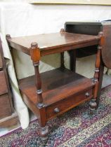 VICTORIAN ROSEWOOD, 2 TIER WHATNOT with drawer base and original castors, 47cm width