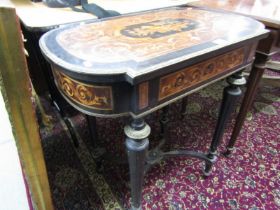 19th CENTURY CONTINENTAL MARQUETRY LADY'S DESK, lift top lid enclosing fitted interior with metal
