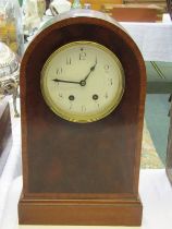 VICTORIAN MANTEL CLOCK, satinwood cross banded mahogany domed top mantel clock with French coiled