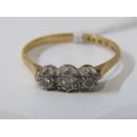 18ct YELLOW GOLD 3 STONE DIAMOND RING, illusion set diamonds, 18ct gold setting, size S