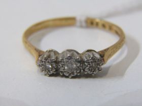 18ct YELLOW GOLD 3 STONE DIAMOND RING, illusion set diamonds, 18ct gold setting, size S