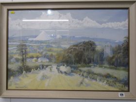 BARAGWANATH KING, signed gouache, "Harvest near China Clay Pits", 44cm x 86cm