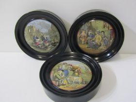 POT LIDS, 3 ebonised framed pot lids including "The Fish Market" and "Lend a Bite"