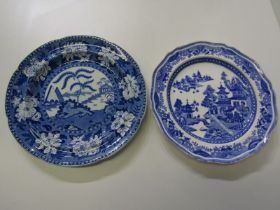ANTIQUE BLUE TRANSFER WARE, pearlware "Lion" pattern, 25cm plate together with Spode willow