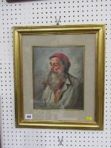 NAPLES SCHOOL, indistinctly signed oil on canvas, Portrait of Bearded Fisherman smoking pipe, 26cm x