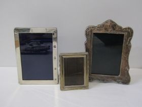 SILVER PHOTO FRAMES, collection of 3 assorted photo frames including modern plain surround, 18"