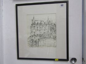 DEREK HOLLAND signed ink sketch, "Chateau de Jezet, Brittany" 24cm x 22cm