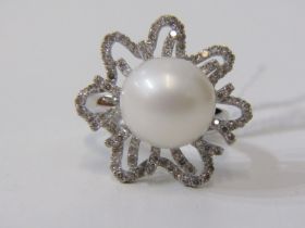 18ct WHITE GOLD PEARL AND DIAMOND floral design ring, large principal cultured pearl surrounded by