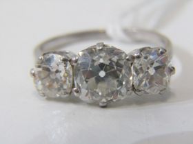 FABULOUS PERIOD 3 STONE DIAMOND RING, cushion cut diamonds, principal stone approx. 2 carats,