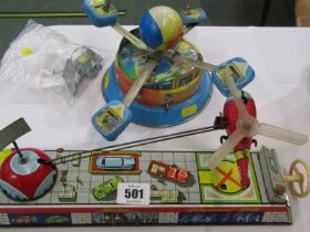 VINTAGE TIN PLATE TOYS, fairground ride, together with helicopter toy and 2 key wind miniature cars