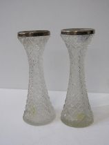 CUT GLASS VASES, pair of silver rimmed quality cut glass 20cm vases (1 with base chip)