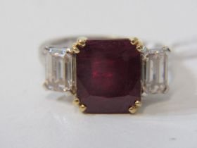 18ct WHITE AND YELLOW GOLD RUBY AND DIAMOND 3 stone ring, principal rectangular cut ruby measuring