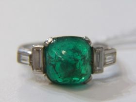 PLATINUM EMERALD AND DIAMOND RING, principal pyramid cabochon cut emerald with baguette diamonds
