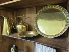 METALWARE, brass oval based kettle, conical water jug and 2 brass dishes