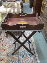 MARQUETRY BUTLER'S TRAY, on folding stand, shaped edge and sides with handle grips, 59cm width