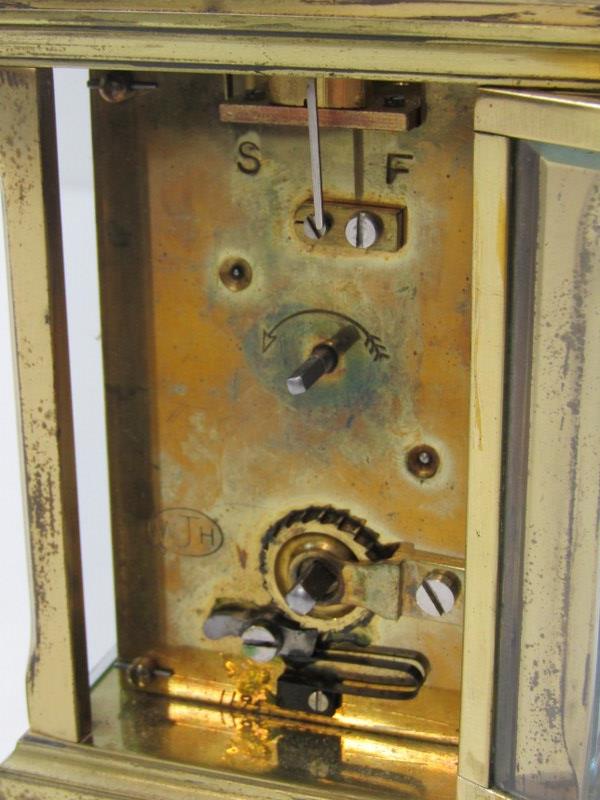 BRASS CARRIAGE CLOCK, plain casing with bevelled glass panels, stamped to reverse "WJH", 12cm height - Image 3 of 7