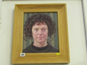 LOUISE COURTNELL, signed oil on canvas "Self Portrait with striped background" date 2000, 29cm x