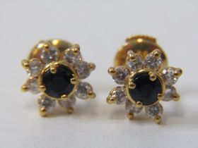 PAIR OF 9ct YELLOW GOLD SAPPHIRE AND WHITE STONE STUD EARRINGS