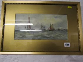 W. CANNON, signed watercolour "Fishing boat and Frigate leaving harbour", 15cm x 29cm