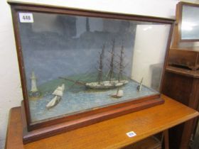 MARITIME, antique cabinet cased diorama of triple masted frigate and other sailing ships off