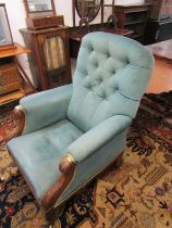 VICTORIAN MAHOGANY ARM SUPPORT BUTTON BACK ARMCHAIR, baluster legs and original castors