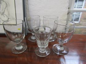 19th CENTURY ALE GLASS with facet cut body, on circular base together with 4 large rummer style