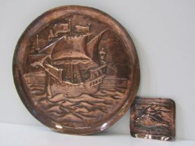 NEWLYN COPPER, galleon embossed circular 29cm plaque stamped Newlyn; together with similar fish