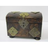 ANTIQUE TEA CADDY, a simulated burr domed top twin section tea caddy with engraved brass mount, 15cm