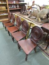 VICTORIAN HALL CHAIRS, set of 5 circular back hall chairs with tapering turned legs