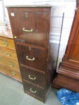 VINTAGE FILING CABINET, 4 drawer wooden pedestal filing cabinet with brass handles, 135cm height