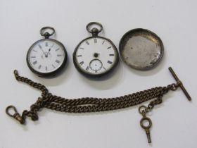 POCKET WATCHES, 2 silver cased, key wind pocket watches, 1 a/f, together with a plated watch chain