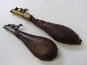 SPORTING, 2 leather bodied shot flasks with metal pourers