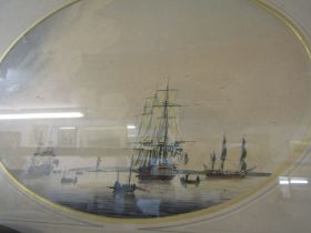 SCHOOL OF SAMUEL ATKINS, oval watercolour "Battleships in Harbour", 25cm x 35cm