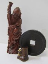 ORIENTAL CARVINGS, a carved cherry root figure of sage, 19cm height; also wooden and bone netsuke