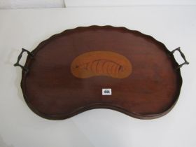 EDWARDIAN KIDNEY SHAPED TRAY, with inlaid shell motif to centre and 2 brass handles, 60cm width