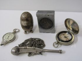 BOSUN'S WHISTLE; a Teresa Dollar cigarette lighter, silver pepperette etc