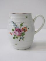 18th Century ENGLISH PORCELAIN, barrel shaped mug decorated with floral sprays, possibly