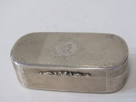 GEORGIAN DESIGN SILVER OVAL SNUFF BOX, engine turned decoration with cartouche enclosing engraved