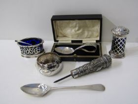 CASED SILVER FEEDING SPOON, Eastern silver parasol handle, 2 pieces of condiment ware, etc