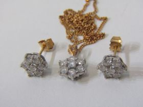 DIAMOND DAISY PENDANT & EARRING SET, 18ct white and yellow gold diamond daisy earrings, total