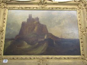 19th CENTURY MARITIME SCHOOL, oil on board "Shipping in stormy seas off Mont St Michel, 40cm x 64cm