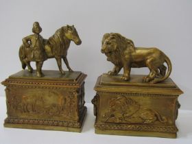 VICTORIAN BRONZED POTTERY, 2 similar sculptural memorial ash caskets depicting lions and