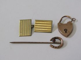 9ct GOLD ITEMS, including heart padlock clasp, single cuff link and horse shoe pin, 4.7 grams