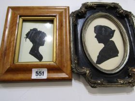 EDWARDIAN STYLE HEIGHTENED SILHOUETTE of young lady with hat: also maple framed silhouette of