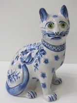 DELFT SEATED CAT, glass bead eyes "Mosanic" marked base, 21cm height