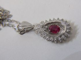 18ct WHITE GOLD RUBY AND DIAMOND PENDANT on white gold belcher link necklace